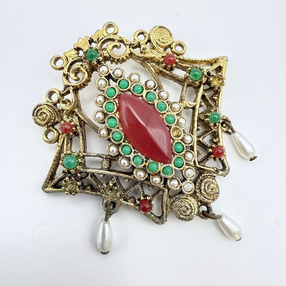 Vtg ART ARTHUR PEPPER Pendant Red Green Faux Pearls Gold Tone Dangle READ